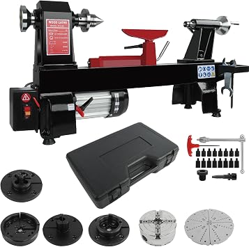 Wood Lathe Machine with 5 Jaw Chuck Set, Wood Lathe Machine, 12 x 20 inch, 550W 3/4HP, 5 Speed Settings 600-2800 RPM Benchtop Leather,with Thickened Tool Rest