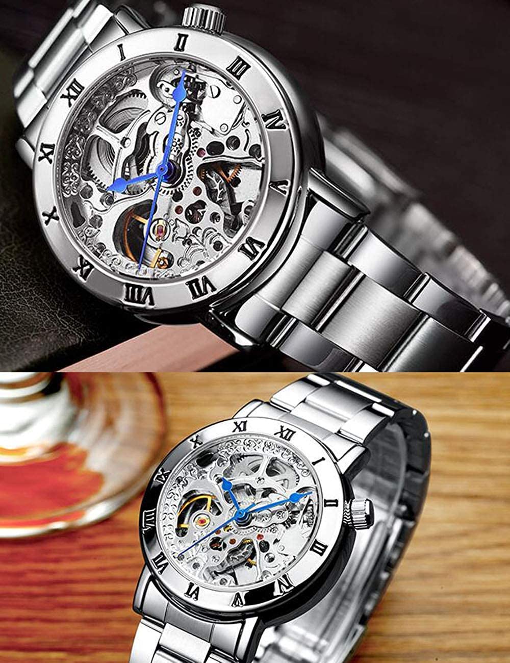 MASTOP Damenuhren Automatik Steampunk Selbstaufzug Mechanisches Silberarmband Damen Skelett Armbanduhr