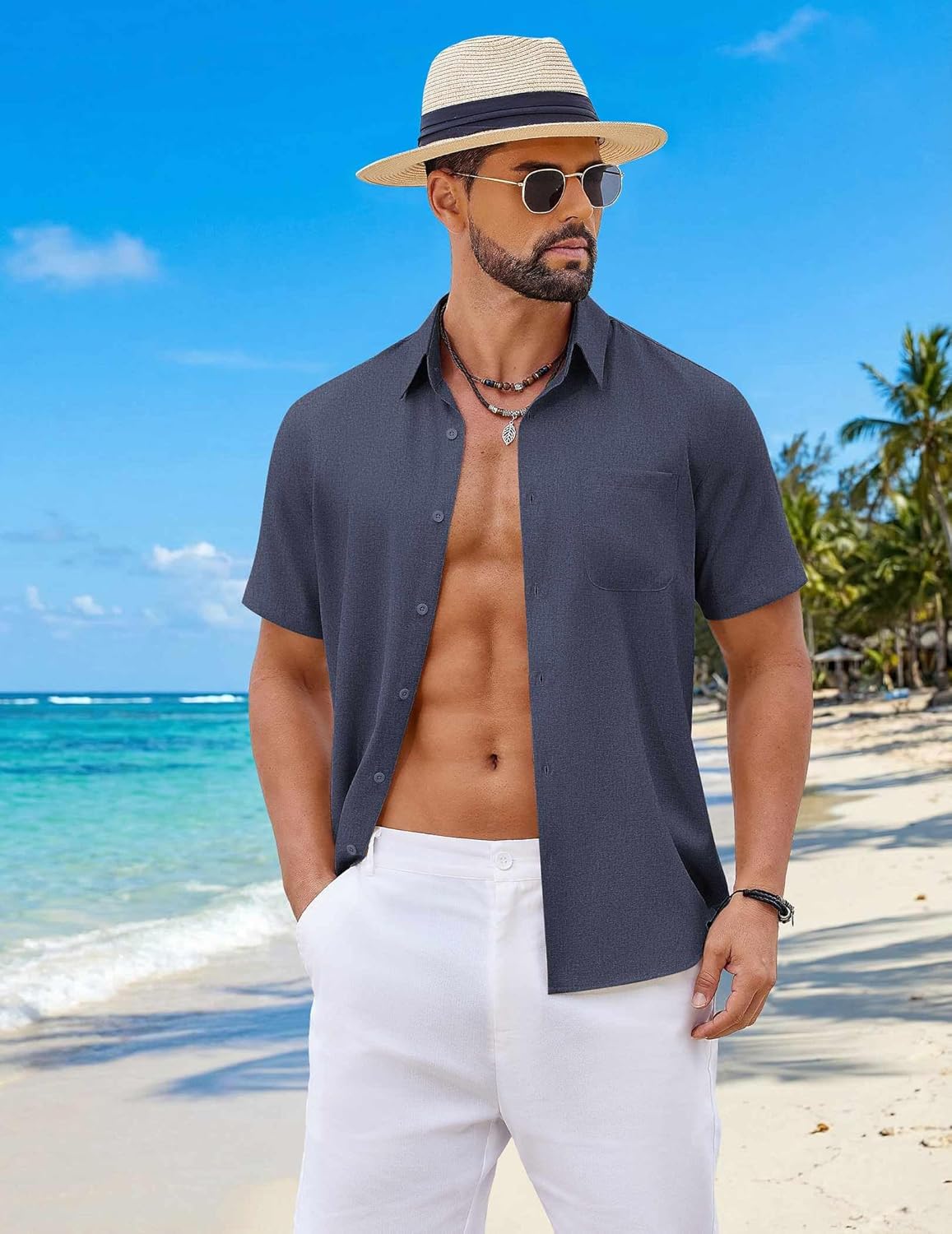 COOFANDY Mens Button Down Shirt Short Sleeve Casual Shirts Summer Beach Wedding Linen Shirt with Pocket - Image 4
