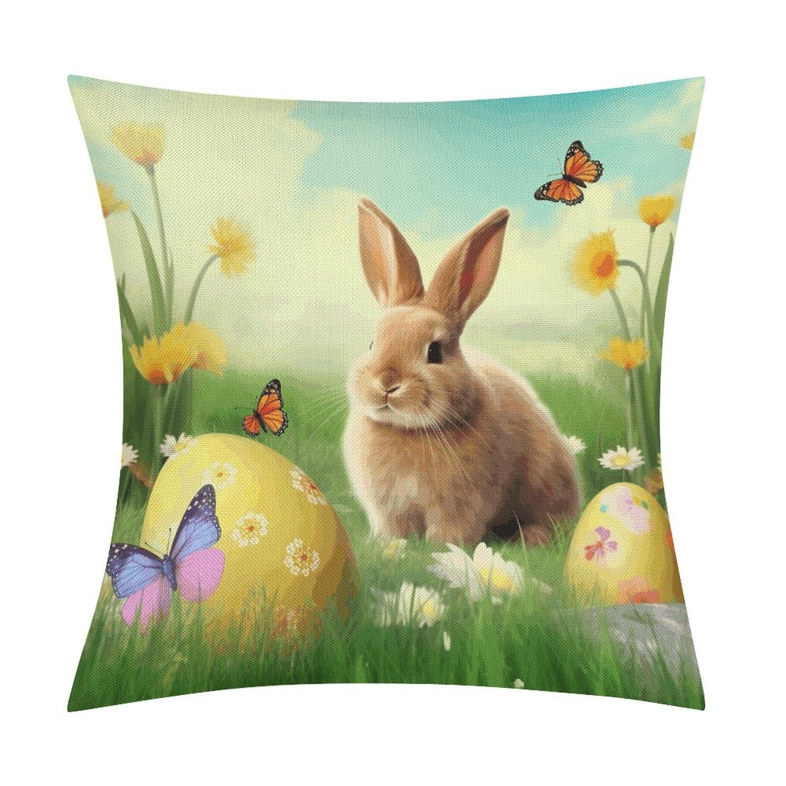 Fodpand Style Easter Bunny Spring Butterfly Pillow Covers 18X18 Inch, Pillow Cases Boho Farmhouse, Throw Pillow Covers For Couch Sofa Bed Spring Home Decor