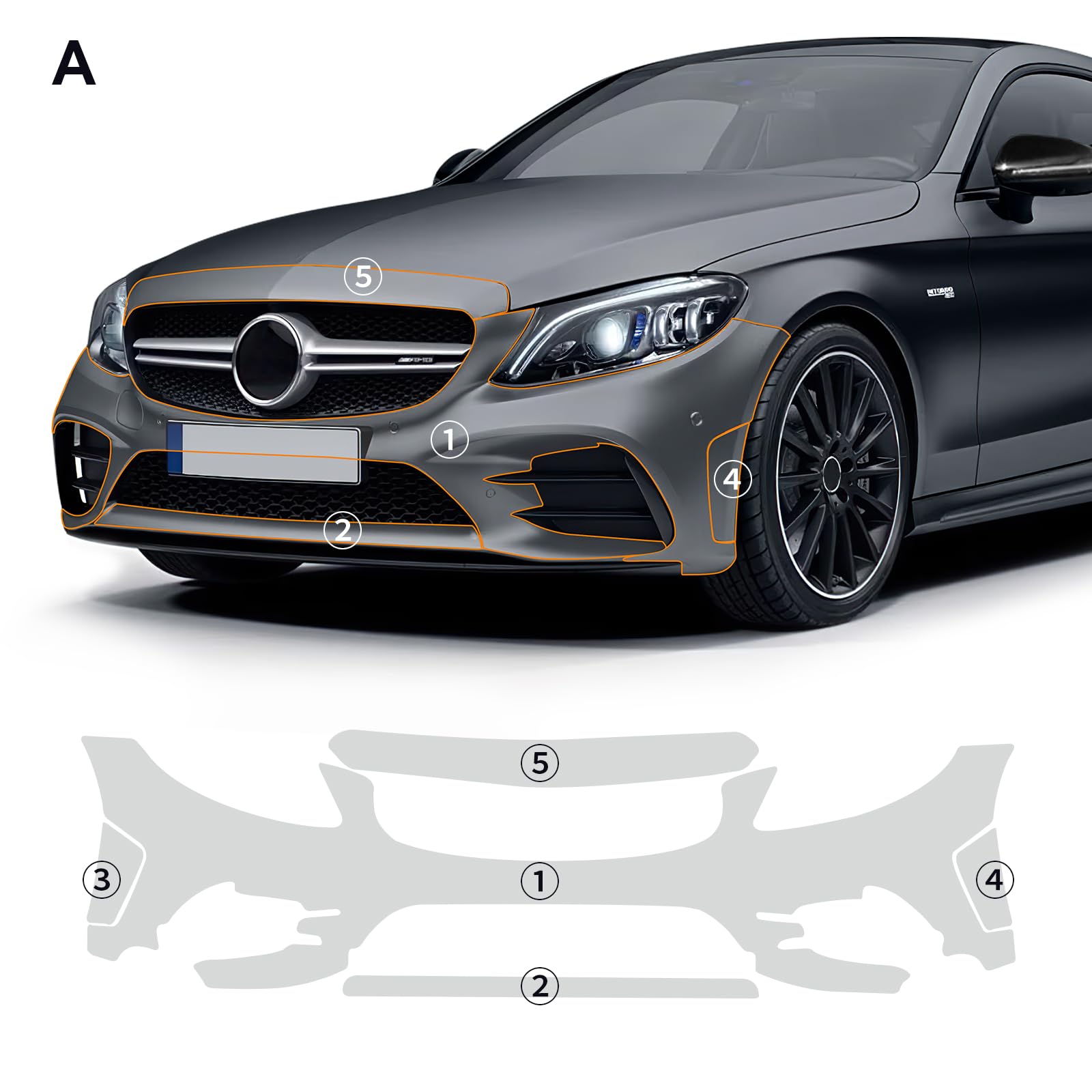 FDAIUN Clear Car Pre-Cut Paint Protective Film for 2019-2023 Mercedes-Benz C205 C-Class Coupe AMG C43 CoupeSelf Adhesive Waterproof HD Scratch Exterior Accessories (Front Bumper 5Pcs)
