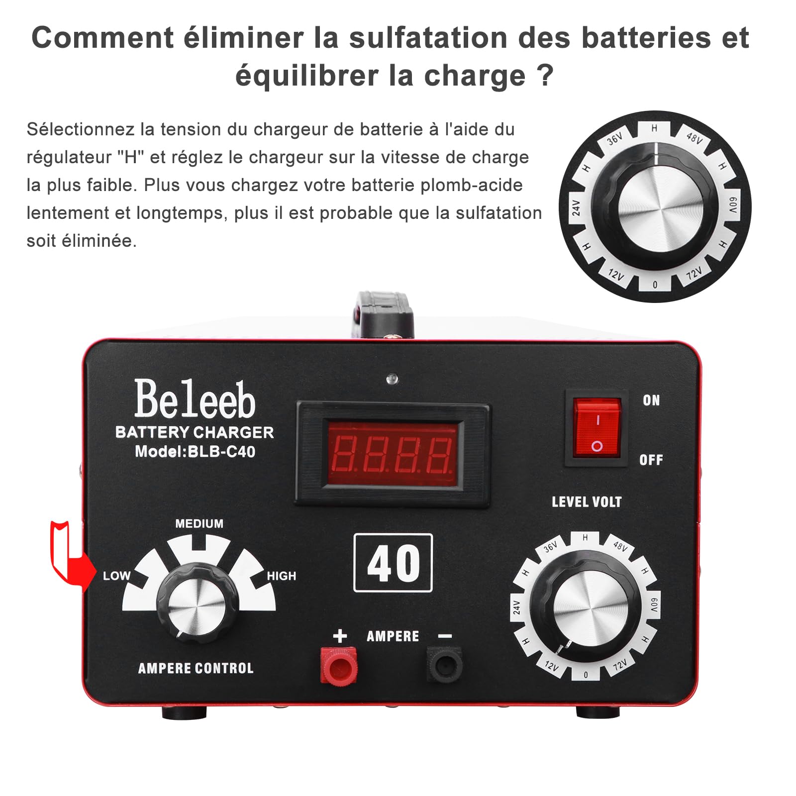 Hugoome Beleeb Series C40 Chargeur de batterie 12 V 24 V 36 V 48 V 60 V 72 V, impulsions de désulfateur de batterie haute tension mainteneur avec clips pour batteries lithium-ion plomb-acide