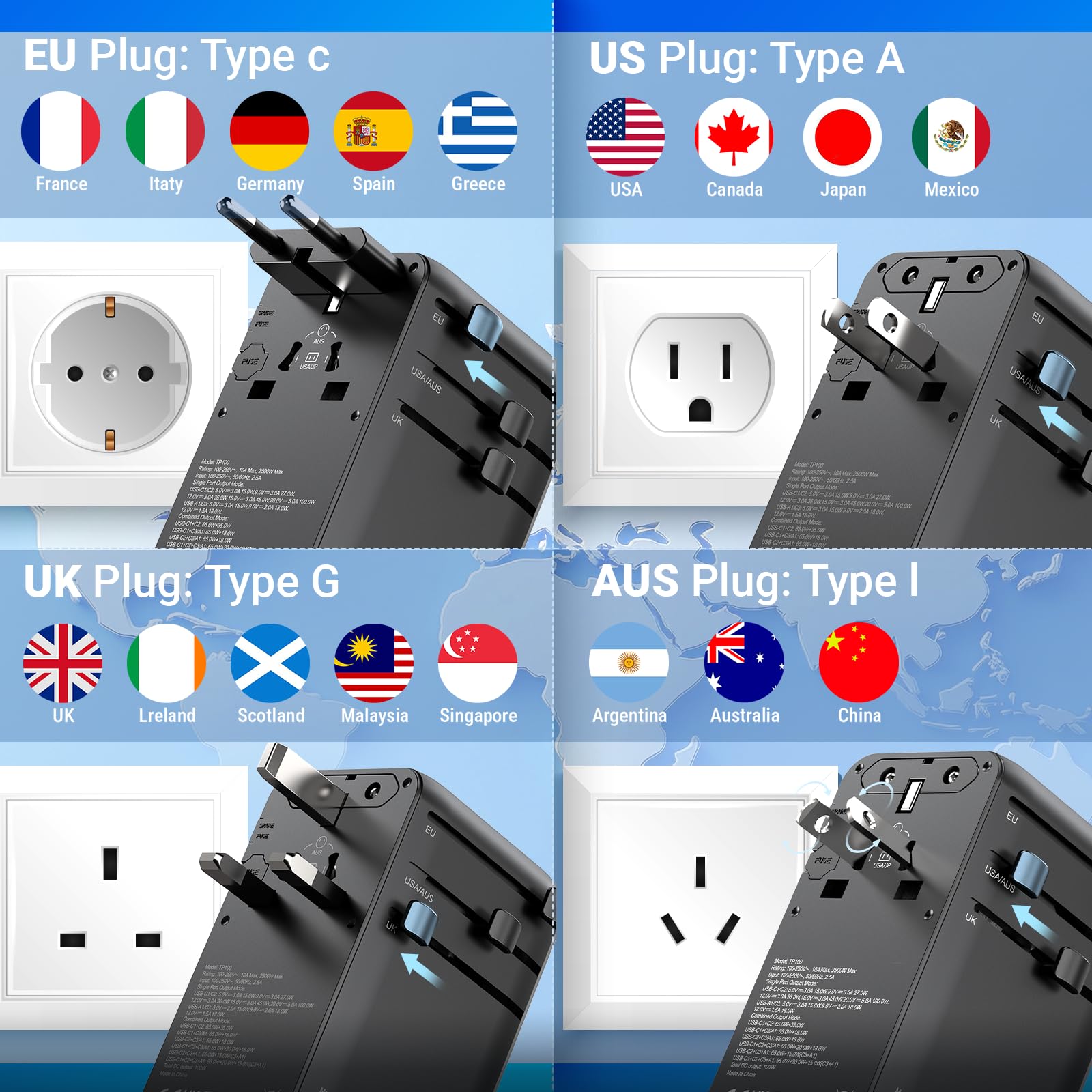 MINIX Adapter do podróży uniwersalny 100W z przewodem USB C składanym, PD 3.0 GaN III, porty USB-C * 3 USB-A * 1, gniazdo AC, ładowarka podróżna globalna dla laptopów, tabletów, telefonów