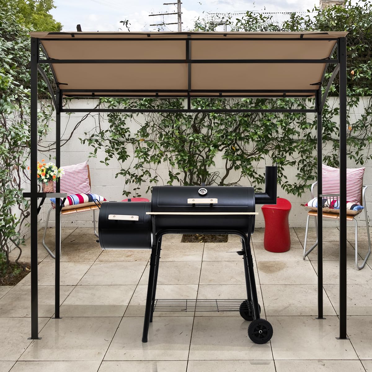 HOMASIS Gazebo Barbecue Esterno, Rifugio Barbecue con Telaio in Metallo Robusto, Tenda Ombreggiatura, Scaffale di Conservazione, 5 ganci, per Patio, Giardino, Spiaggia, Marrone, 216X134X211cm