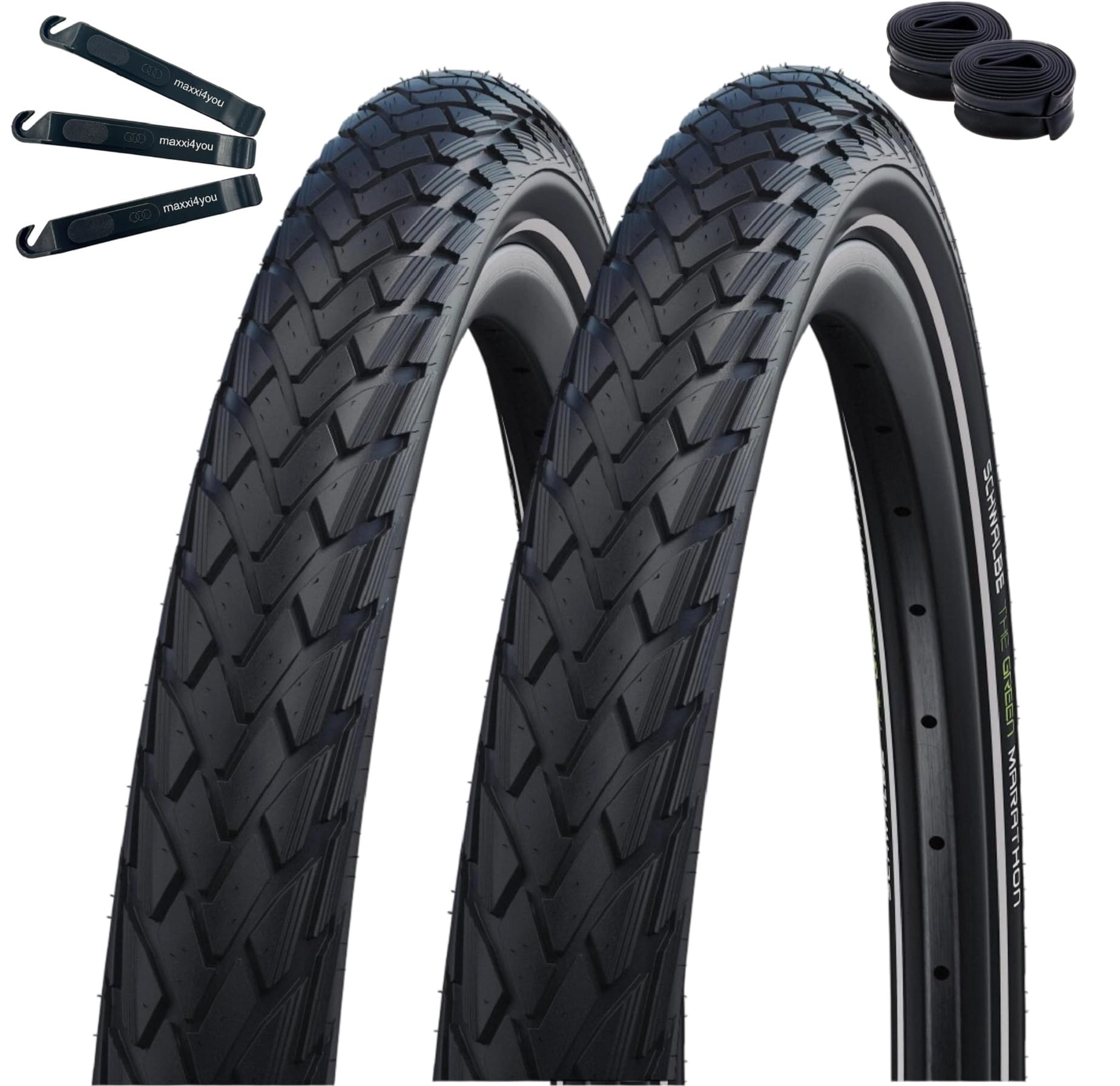 2 x Schwalbe Marathon Green Guard Fahrradreifen Eco Schwarz/Reflex 28-622 (28 x 1,10) + 2 Schläuche AV15 inkl. maxxi4you Reifenheber