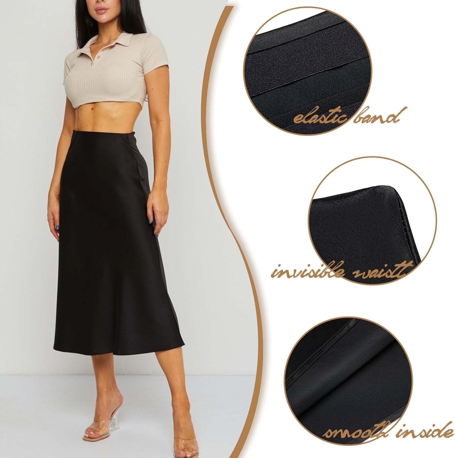 Basoteeuo Midi-Röcke für Damen, hohe Taille, Satin, Sommer, lässig, sexy, Midi-Länge, elastischer Rock