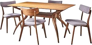 Christopher Knight Home Nissie Mid-Century Wood Dining Set with Fabric Chairs, 5-Pcs Set, Dark Grey / Natural Walnut Finish