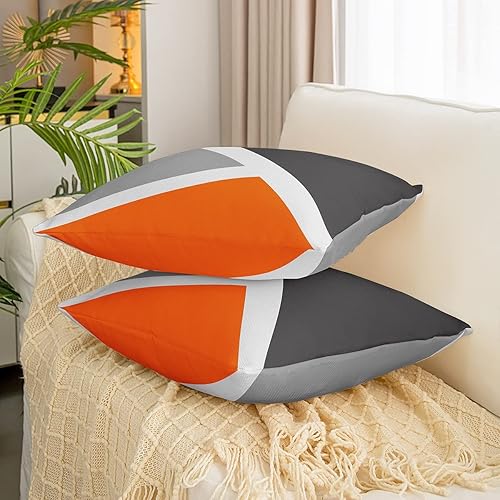 Miniatura 9 de Juego de 2 fundas de almohada naranjas y grises de 18 x 18 pulgadas, fundas de almohada geométricas triangulares, color naranja, negro y gris claro,