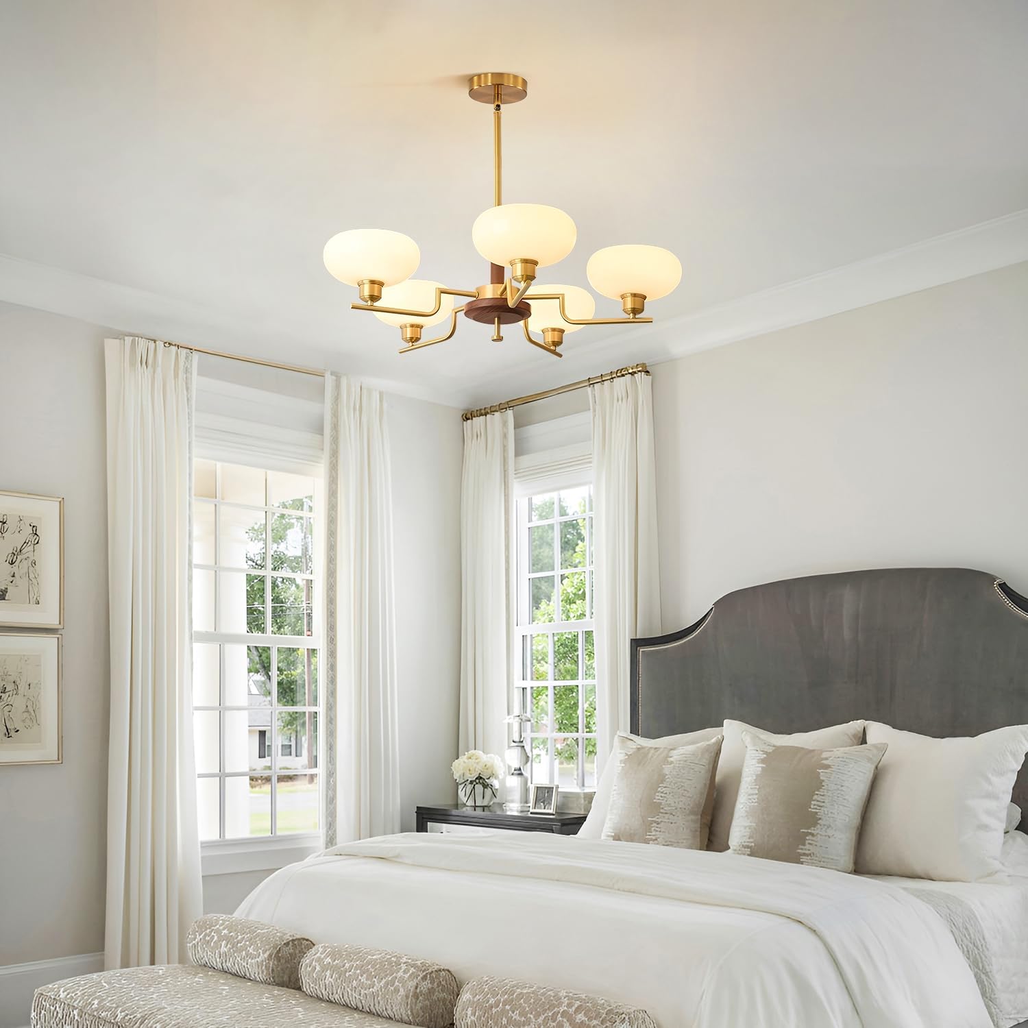 5-Light Farmhouse Chandelier, Rustic Modern Pendant Ceiling Light Fixture, Brushed Brass Chandeliers for Bedroom Hallway Entryway Living Room Kitchen E26