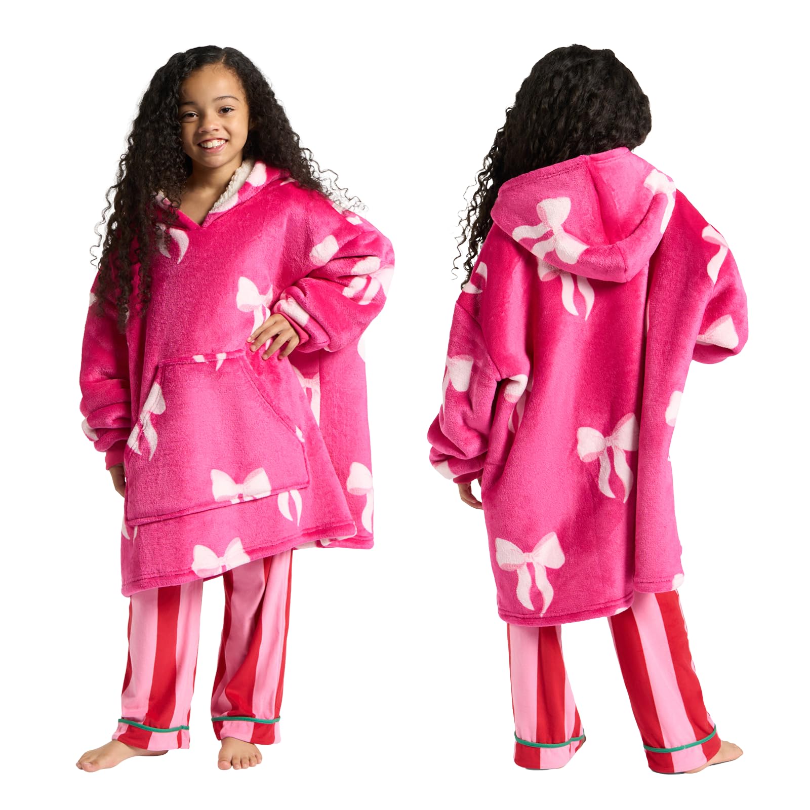 OHS Hot Pink Blanket Hoodie Bow Print, Gifts for Girls Teen Hooded Blanket Super Soft Warm Sherpa Fleece Throw Wearable Blankets Sweatshirt Big Pocket Oversized Hoodie