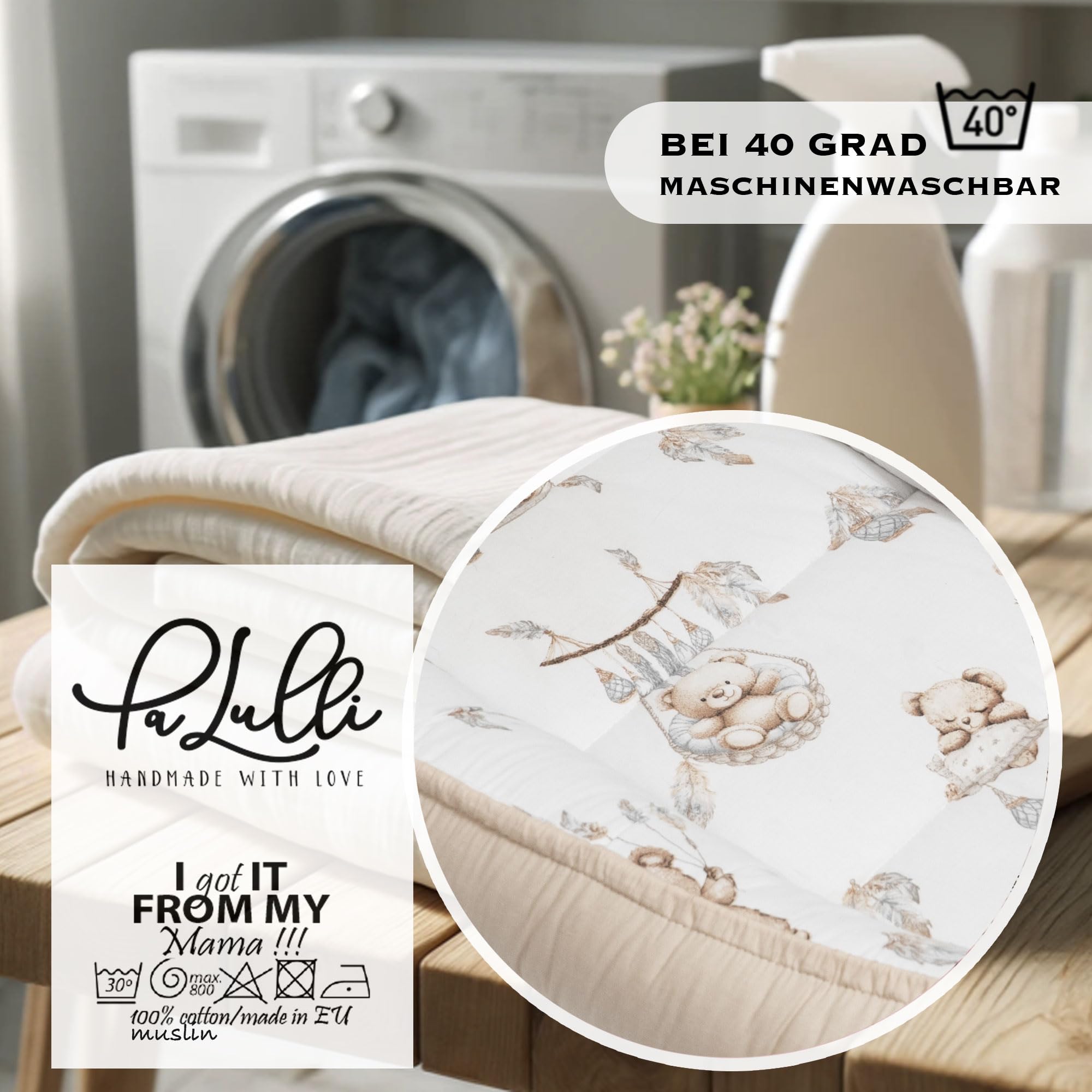 PaLulli® Nido de bebé extra grande 100x60 cm de algodón | Nido de osos suave de dos lados para bebés | Hecho a mano, transpirable y seguro (Oso Beige)