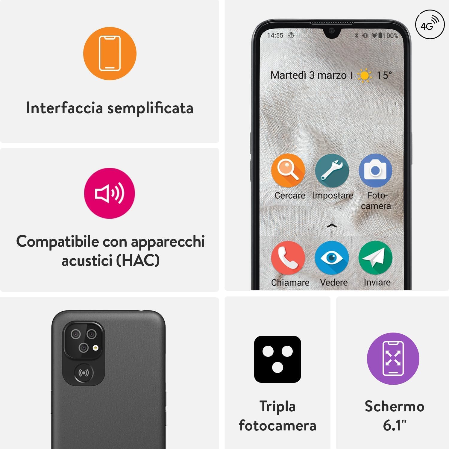 Doro 8100 4G Smartphone Senior – Telefono Cellulare – Resistente all'acqua – Tripla fotocamera – Tasto Assistenza con GPS – Display 6.1" – Riconoscimento facciale – Android 12GB (nero)