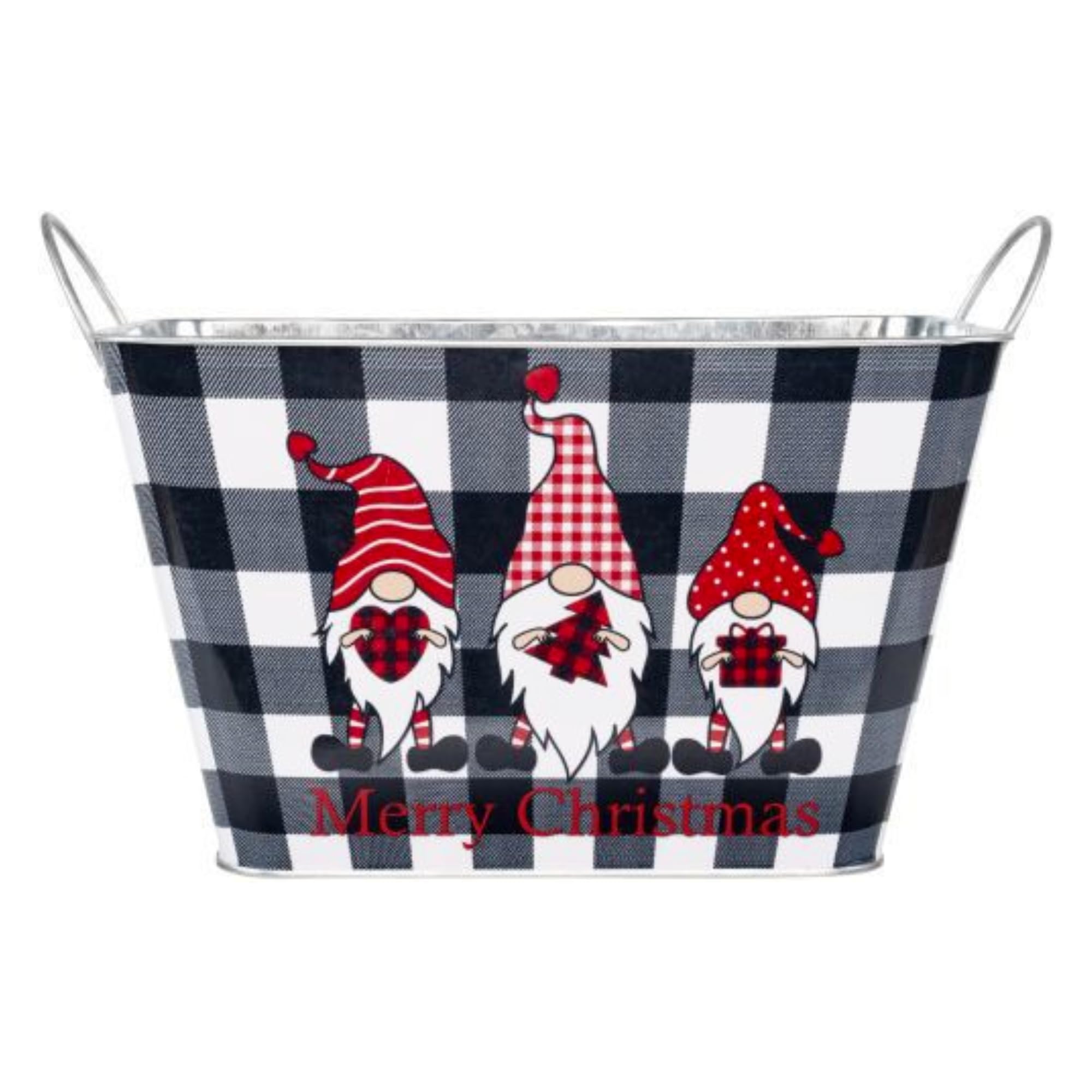 Fyne-Finds Black & White Merry Christmas Tin Trough 30Cm,12Inch Gnome Chequered 5Liters Pot Xmas Home Garden Planter (1)