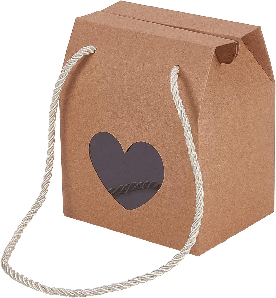 Airssory 30 Pcs 4.1x3.5x2.6" Brown Portable Handle Kraft Paper Gift Box with Heart Clear Window and Rope for Wedding Christmas Party Holiday New Year Decoration Favour Pastries Small Cakes Cookie