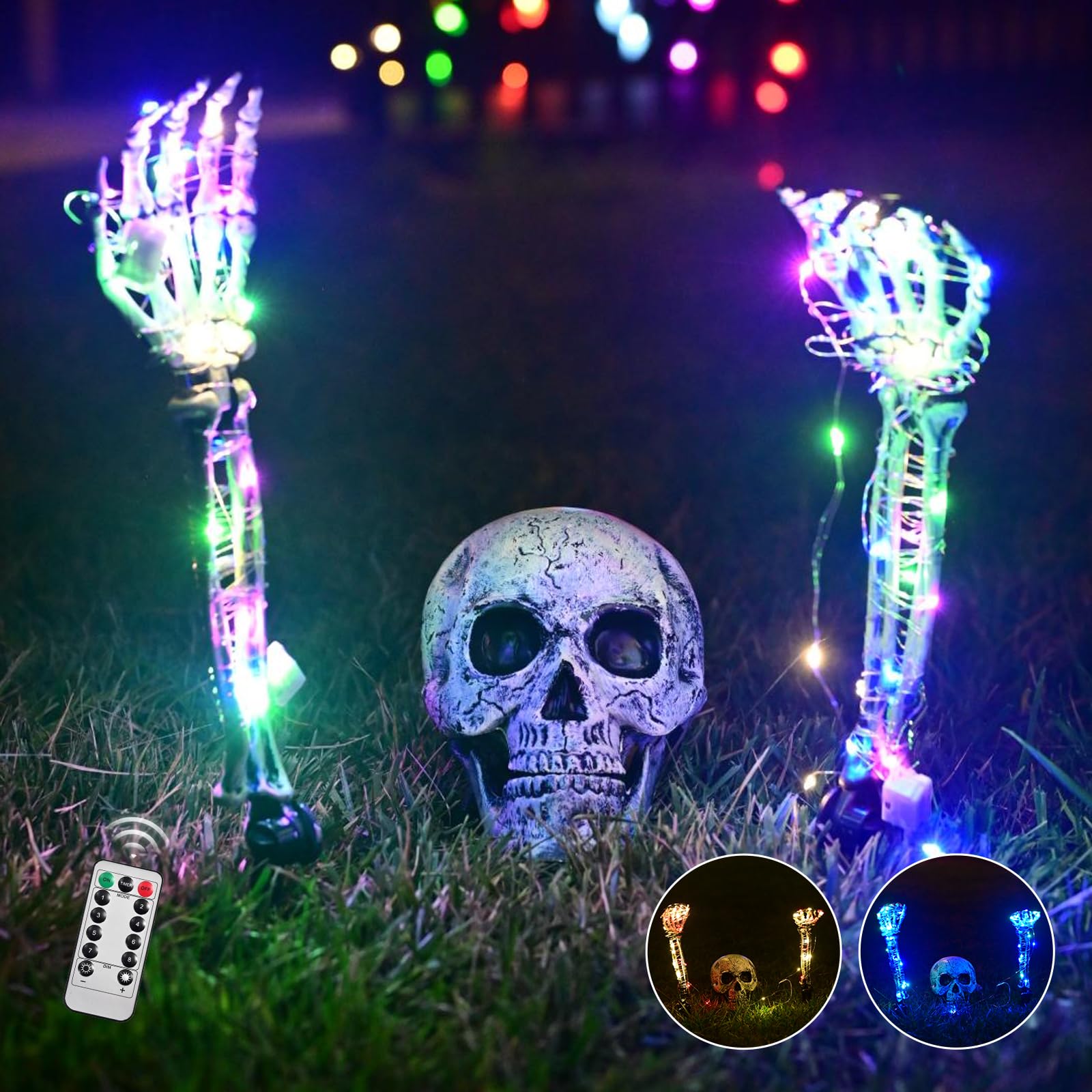 Madifana Halloween Lighted Skeleton Set, Skull & 2 Arms Stakes, 10m Remote Timing String Lights(8 Modes), 20g Spider Web &10 Spiders, Realistic Halloween Yard Outdoor Decorations Graveyard Garden