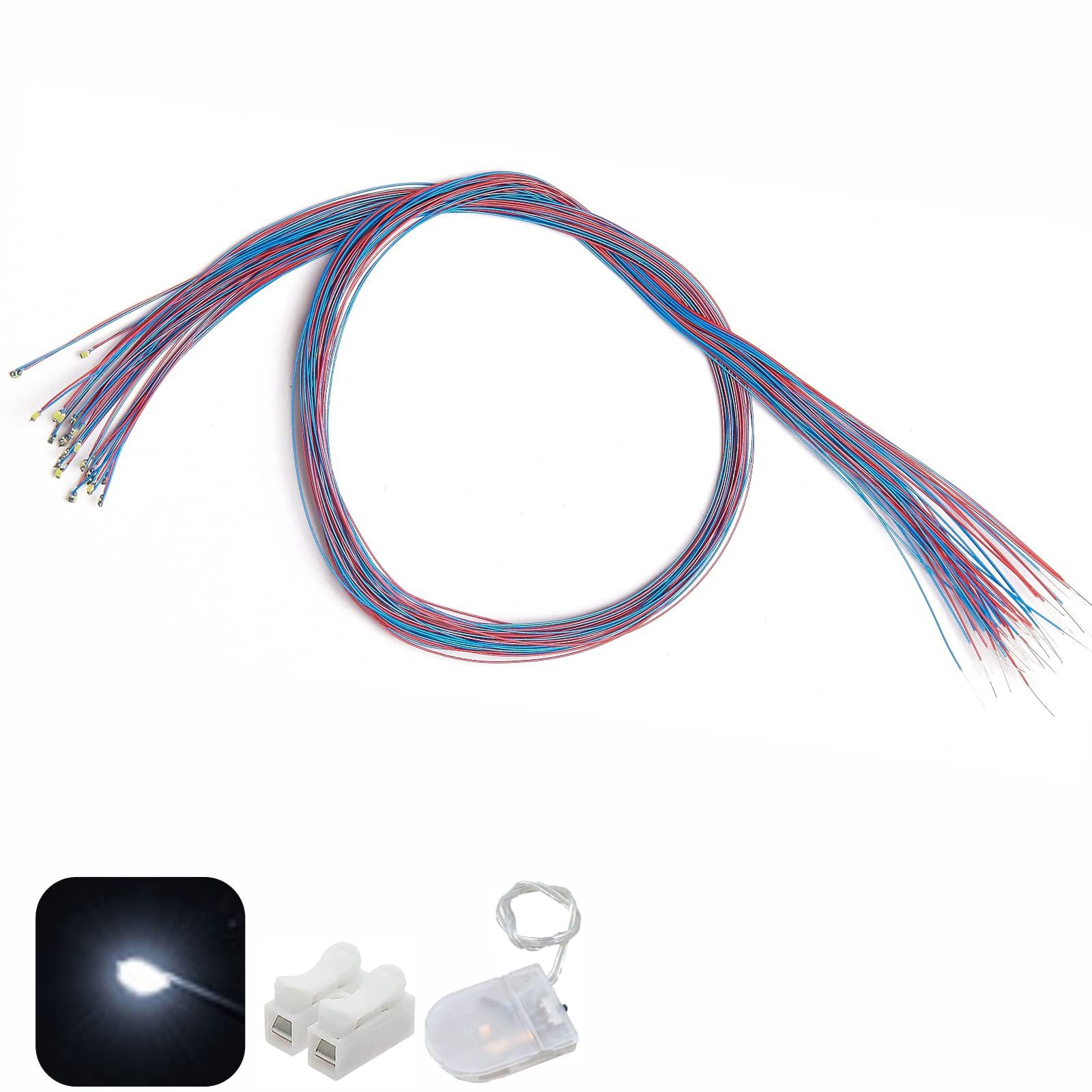 25pcs Pre-Wired Micro LED Pre-soldered 0402 SMD LEDs with Assembly Accessories for Beginner Model Building (White, 25pcs)