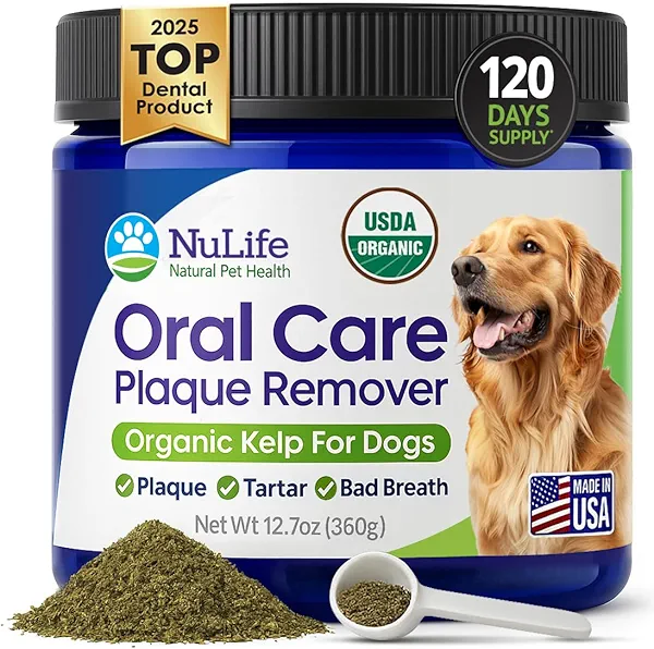 NuLife Natural Pet Health Dog Teeth Cleaning Powder, Dog Plaque and Tartar Remover, Bad Breath Treatment for Dogs with USDA Organic Sea Kelp Powder, Dog Dental Care Made Easy, for All Ages, 12 oz