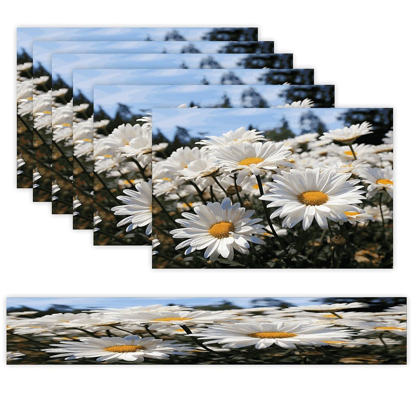 Wild White Daisies Table Runner and Placemats Set of 6 Wipe Clean Heat Resistant Table Mat with Table Runner Decorations Flax Linen Place Mat Set for Home Kitchen Party Supplies
