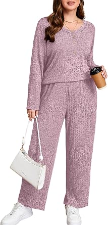 AusLook Plus Size 2 Piece Sets for Women Loose Wide Leg Pant Long Sleeve Top Matching Sets Tracksuit 2025 Vacation Loungewear