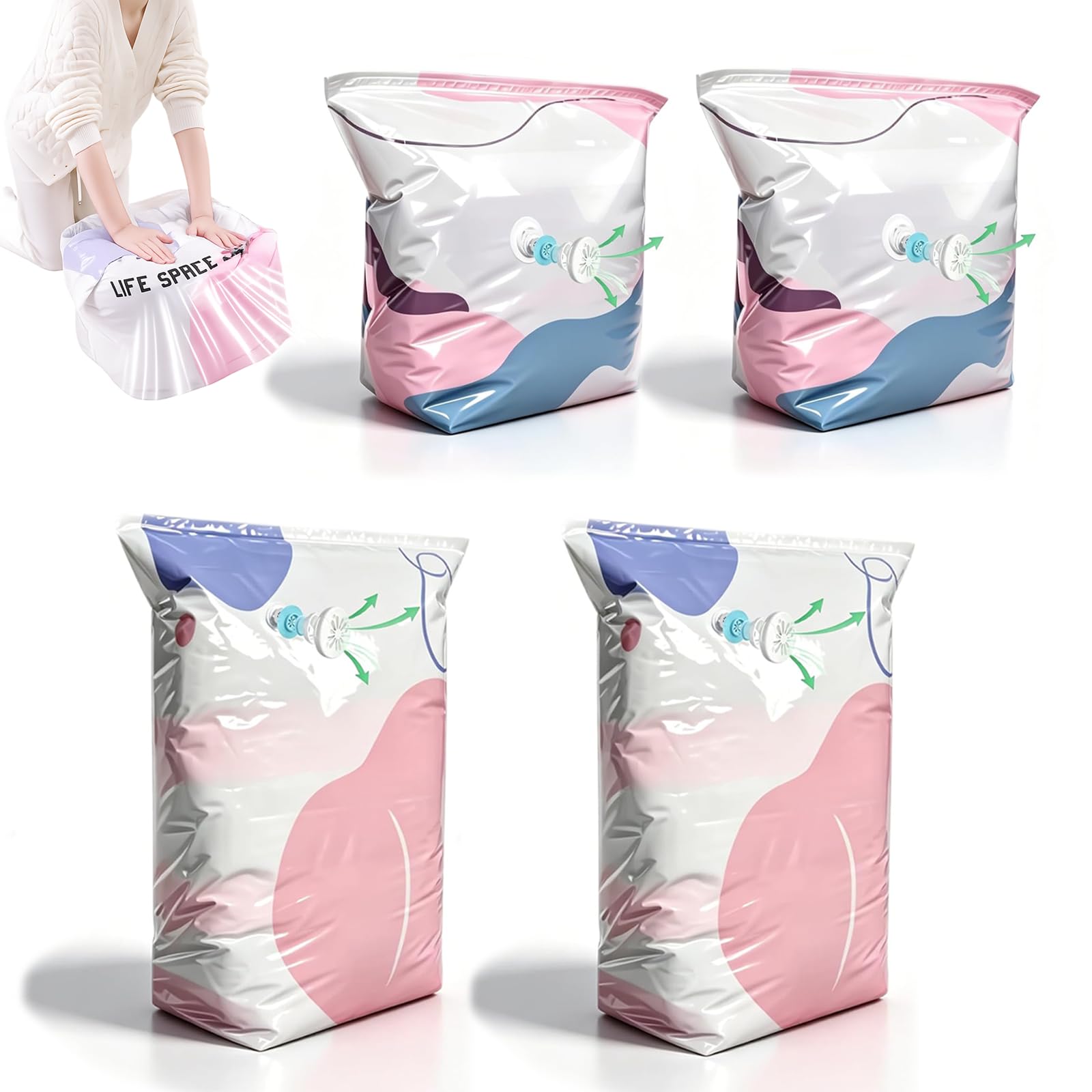 3 Pack No Pump Vacuum Storage Bags, Large Cube Compression Organizer for Comforters Bedding Clothes, Pump Free Press Seal Space Saver Bags, Reusable Heavy Duty for Closet Travel Moving (M*2PCS+L*2PCS)