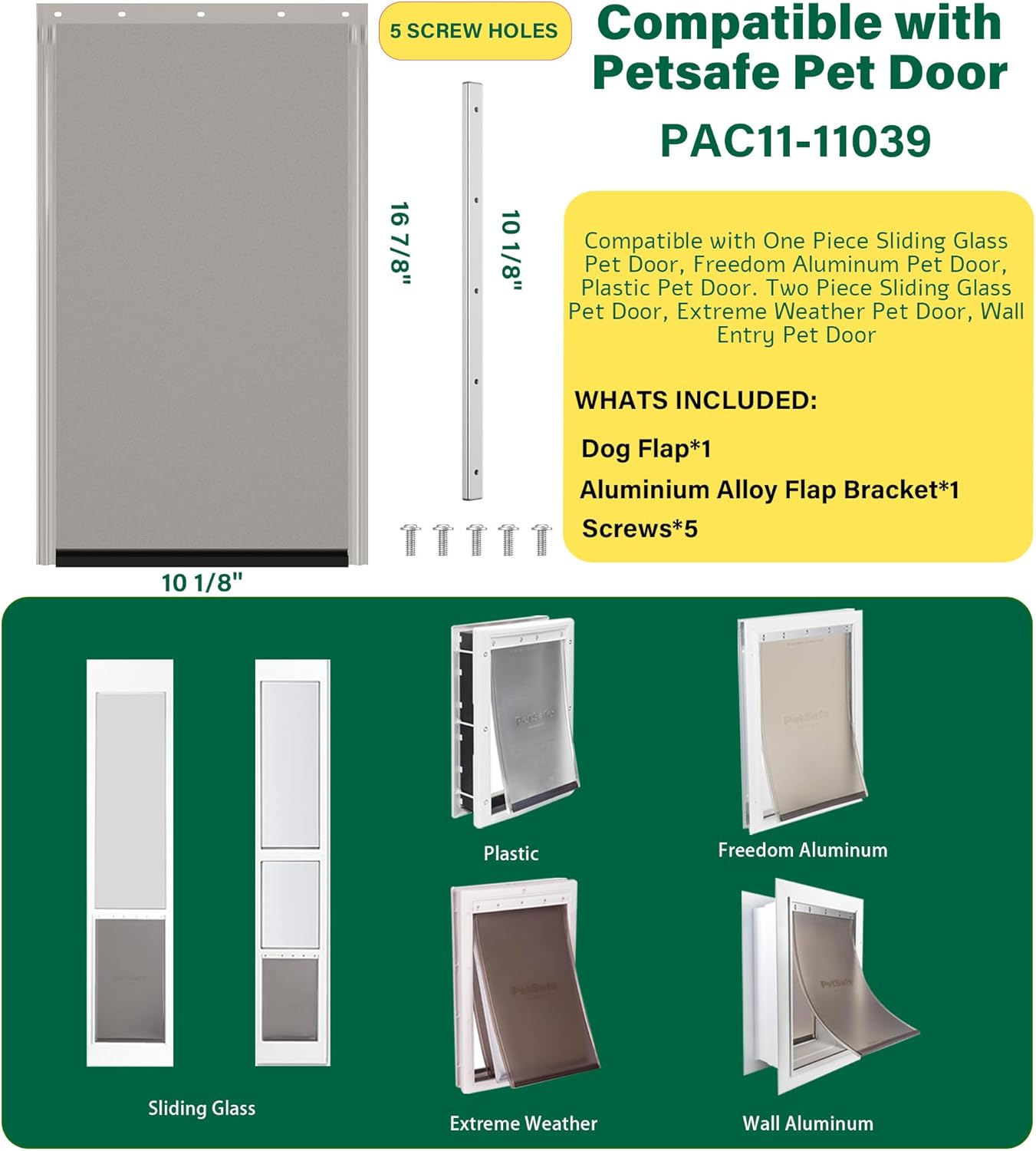 Large Dog Door Replacement Flaps with Metal Replacement Bracket and Screws, Compatible with Petsafe Freedom Doggie Doors Replacement Flaps PAC11-11039 10 1/8" X 16 7/8", Flexible (Smoky Translucent)