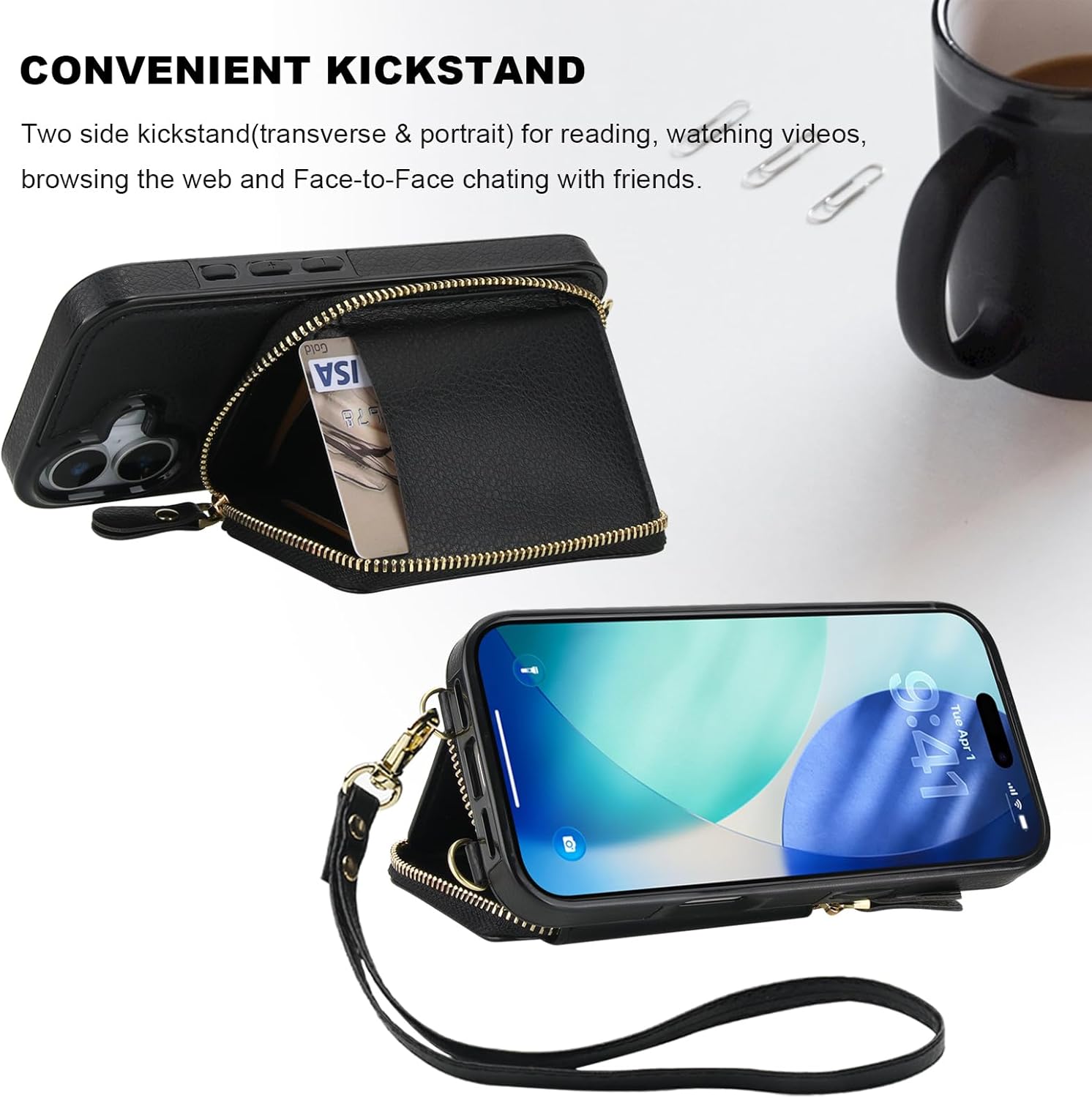 Bocasal RFID Blocking Wallet Case for iPhone 17, Adjustable Crossbody Zipper Purse Case Card Holder with Kickstand Detachable Wrist Strap, PU Leather Flip Folio Case 6.3 Inch 5G (Black) - Image 6