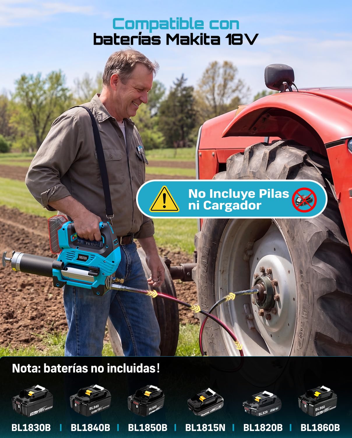 Seesii 12.000 PSI Engrasadora Batería Compatible con la batería Makita de 18 V (sin batería), 3 Velocidades, Motor Brushless, Manguera de 1.2m, Acoplador de 90° y Luz LED para Equipos Pesados