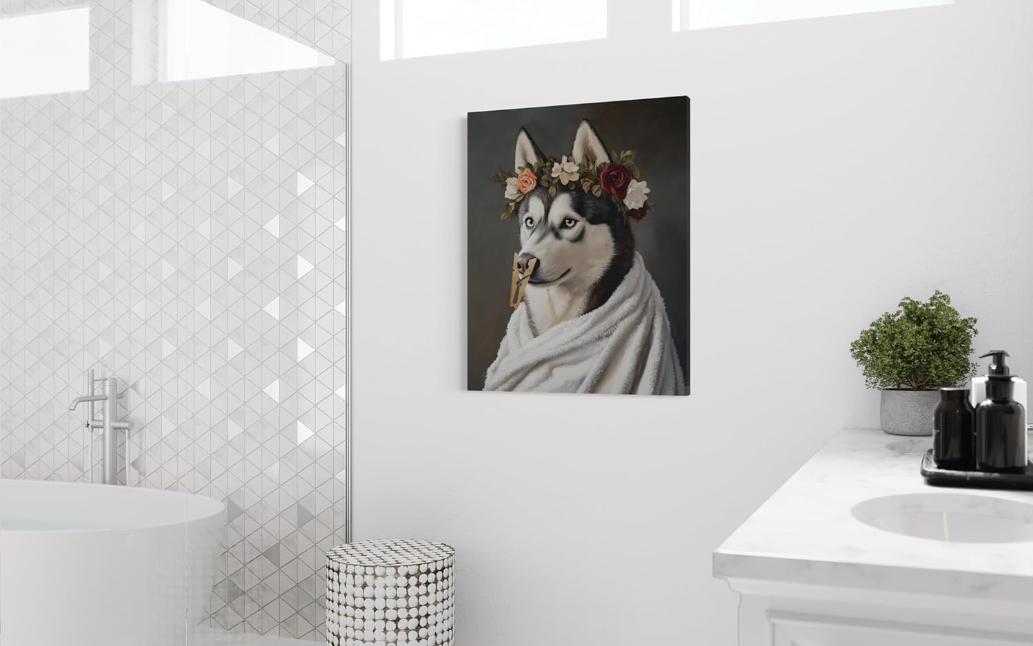 Siberian Husky Funny Bathroom Canvas Wrapped Humor Smell Pinch Nose Dog Poster Print Wall Art Animal Disgusting Smell Toilet Painting For Bathroom, Restroom, Painting Gallery 16 (Siberian Husky, 20"L x 16"W CANVAS, Wrapped Canvas)