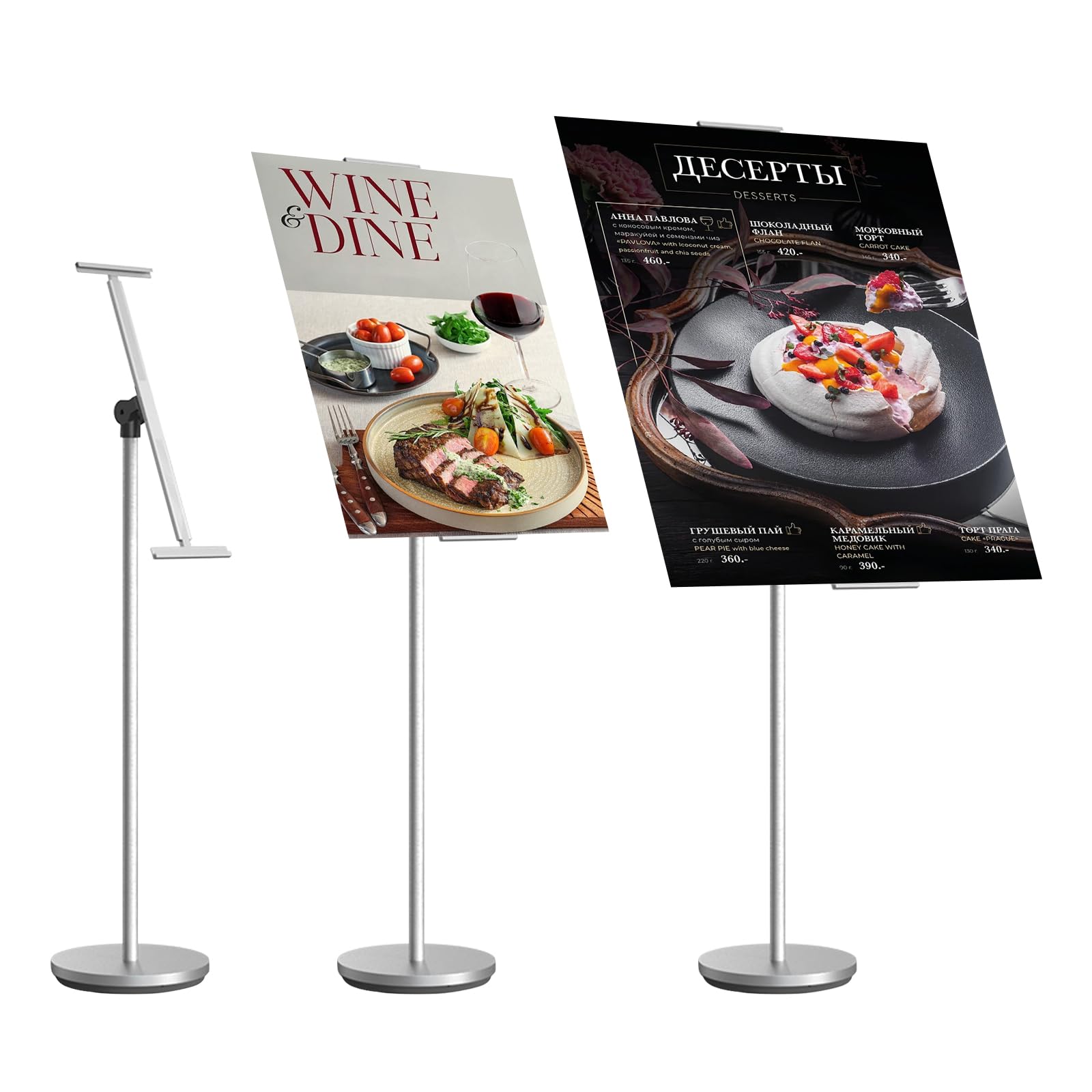 Stojak na plakat, stojak wystawowy, regulacja wysokości 60-100 cm, format pionowy/poziomy + podstawa Ø 28 cm, uchwyt na plakat do sklepów/targów (srebrny)