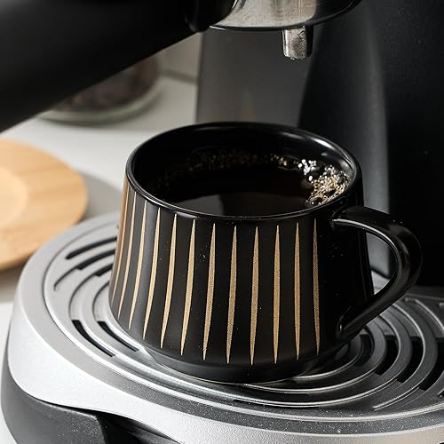 Miniatura 2 de LUKA Juego de 6 tazas de café de cerámica con platillos con soporte de metal, tazas Demitasse de porcelana de 4 onzas para expreso, latte, café,