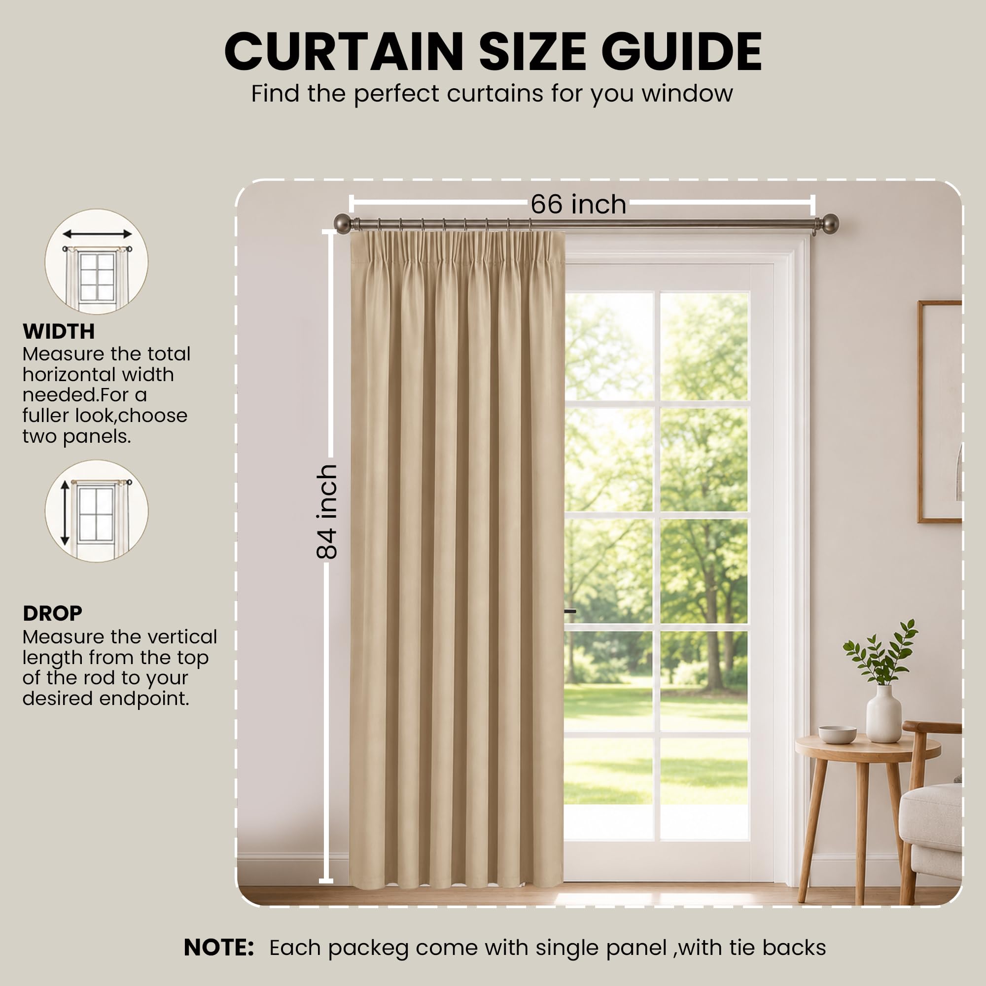 Aspire Homeware Rideau de porte occultant plissé pour salon, chambre à coucher - Isolation thermique - 167,6 x 213,4 cm - Beige