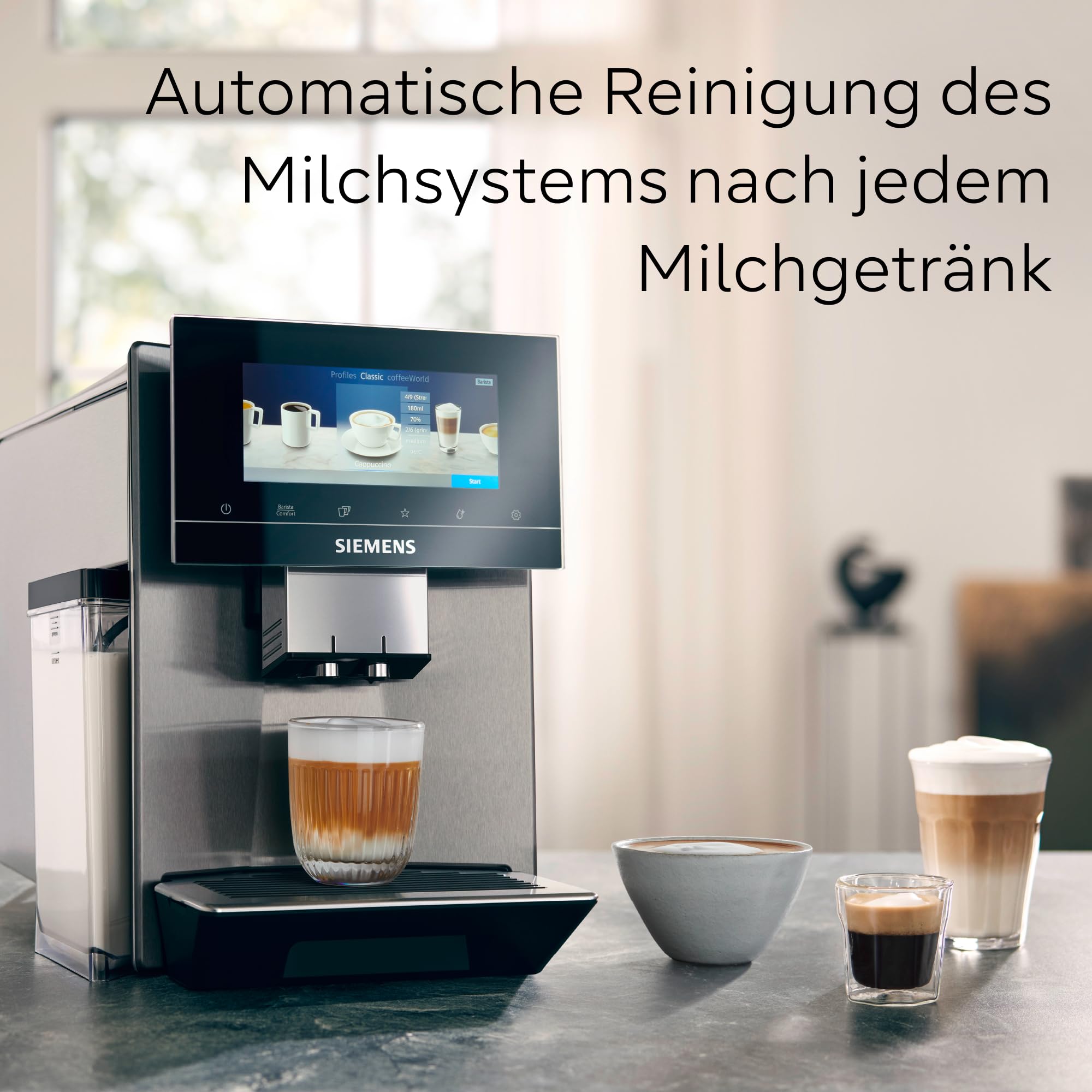 Siemens Kaffeevollautomat EQ900, großes farbiges TFT-Display, 36 Heiß- und Kaltgetränke, Cold Brew, super leise, Keramikmahlwerk, Doppeltassenfunktion, Steuerung per App, Edelstahl, TQ905D03