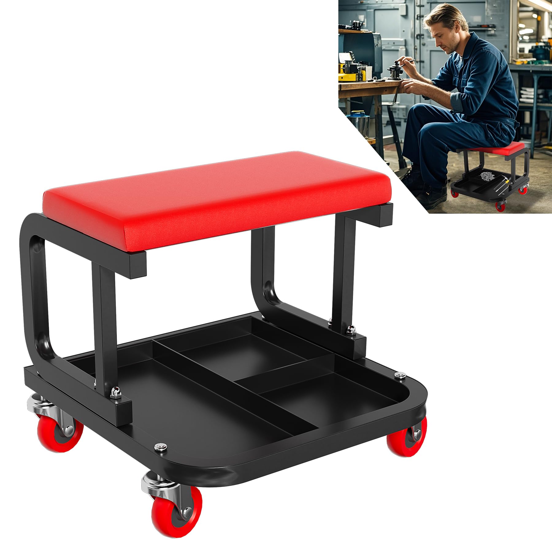 UISEBRT Sgabello da officina mobile con ripiano e ruote, per garage, da lavoro, portata 150 kg, per officina, cura dei veicoli, manutenzione della macchina e fai da te (rettangolare)