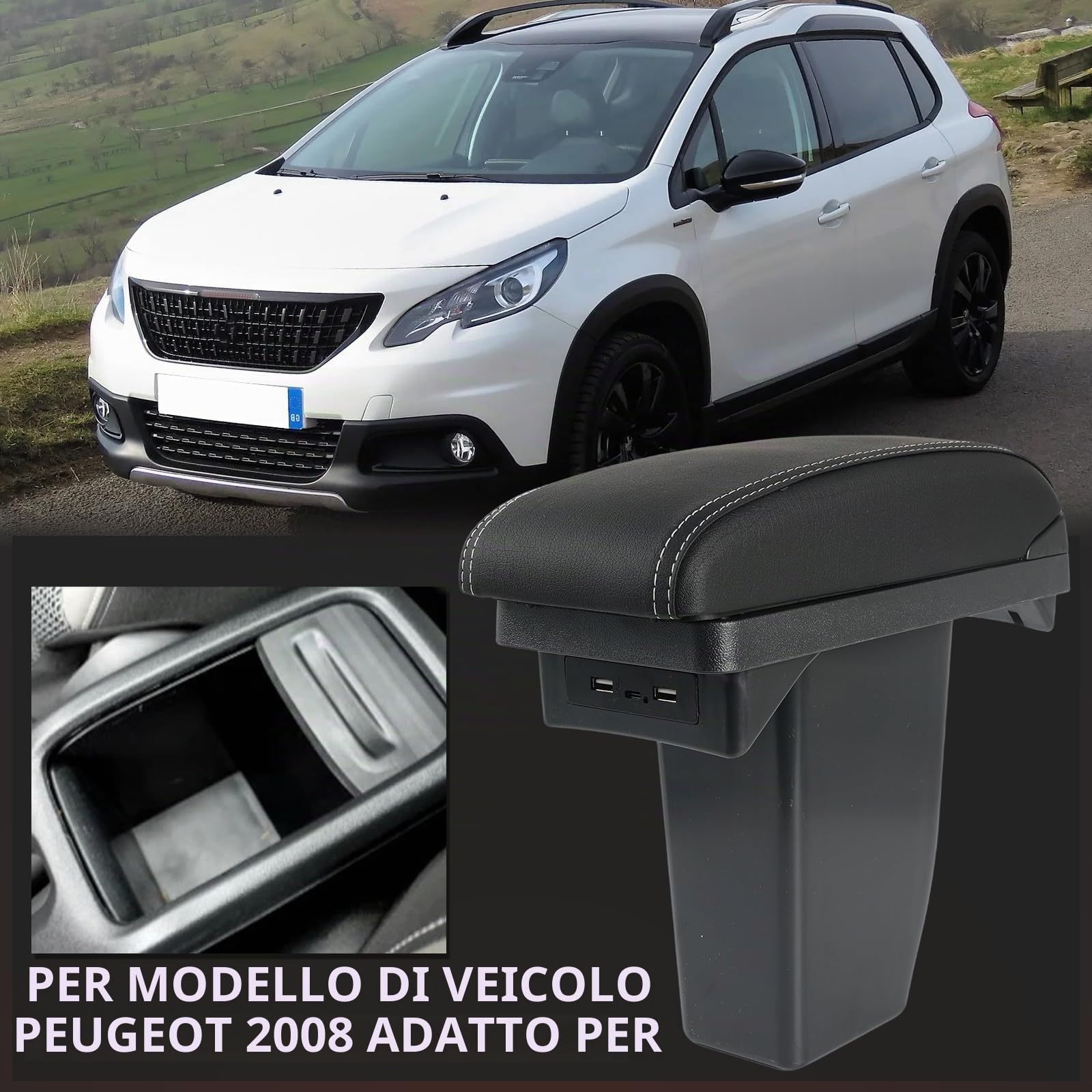 XUKEY Bracciolo in pelle nera, doppio strato, per console centrale, per 2008, con vano portaoggetti