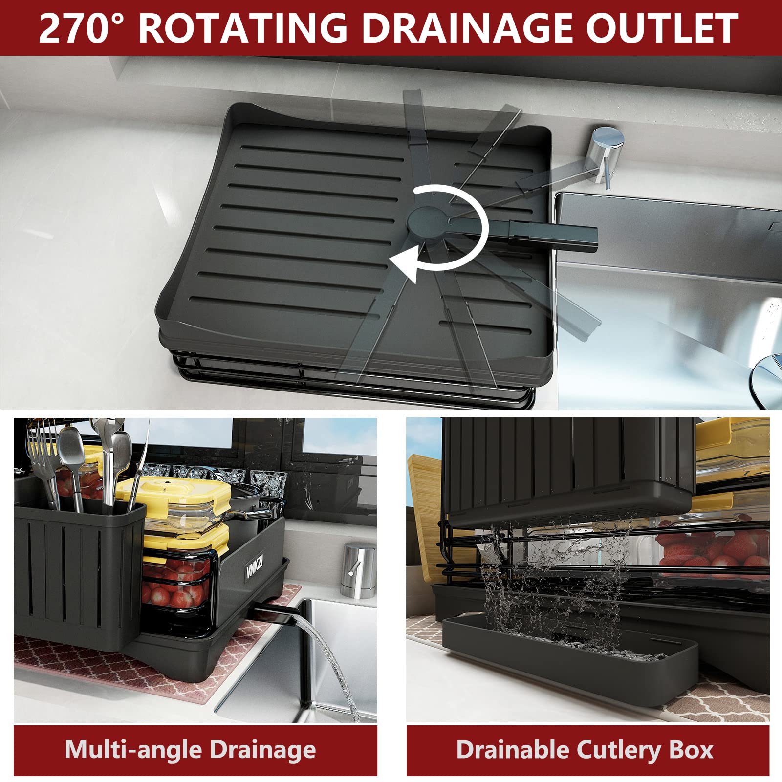 VNKZI Dish Drying Rack, 2 Tier Stainless Steel Multifunctional Large Dish Rack with Drainboard Set, Wine Glass Holder, Utensil Cutting Board Holder, Extra Drying Mat Set, for Kitchen Counter