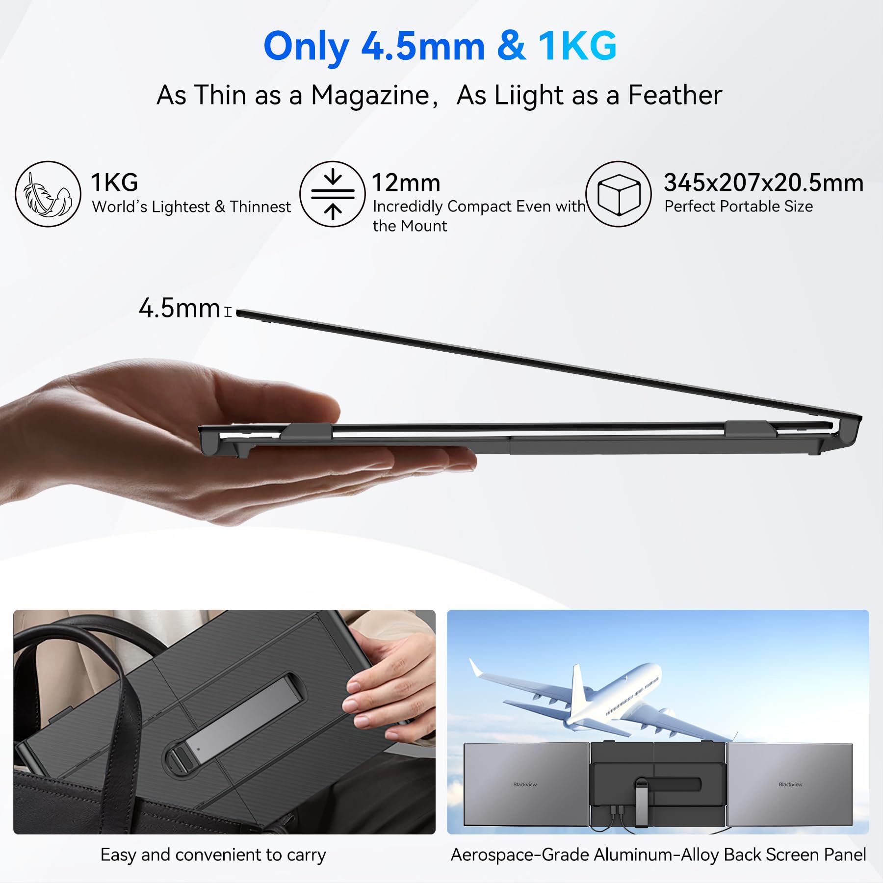 Blackview DCM6 Laptop Bildschirm Erweiterung 14" Ultradünn 4,5mm 0.9KG, 1080P FHD Triple Screen Laptop Monitor für Laptop 13"-17,3", HDMI/USB-A/USB C TÜV SÜD Portable Monitor für PC/Mac/PS3/4/5/Xbox