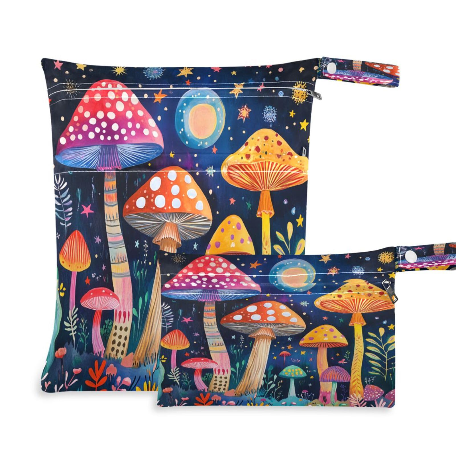 ATTX Colorful Mushrooms Wet Dry Bags 2-Pack - Reusable Cloth Diaper Storage for Travel, Beach & Gym | Multi-Use Waterproof Bags for Swimsuits, Baby Clothes, Sports Gear#595