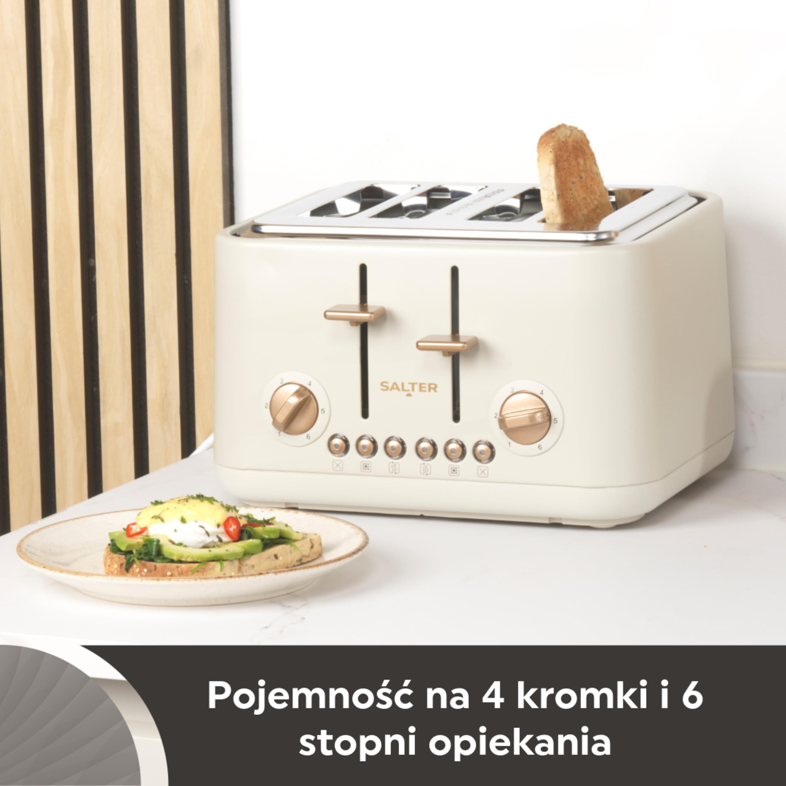 Toster Salter Pebble na 4 kromki – Szerokie otwory z wysokim podnoszeniem, 6 poziomów opiekania, wyjmowana tacka na okruchy, funkcje rozmrażania/podgrzewania/anulowania, kolor kamienny