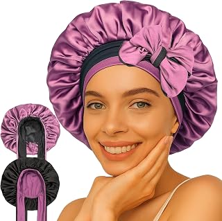 Reversible Silk Bonnet for Sleeping Women - Double Layer & Color Satin Bonnet, Adjustable Hair Cap for Curly & Textured Hair (Rose Pink & Black)