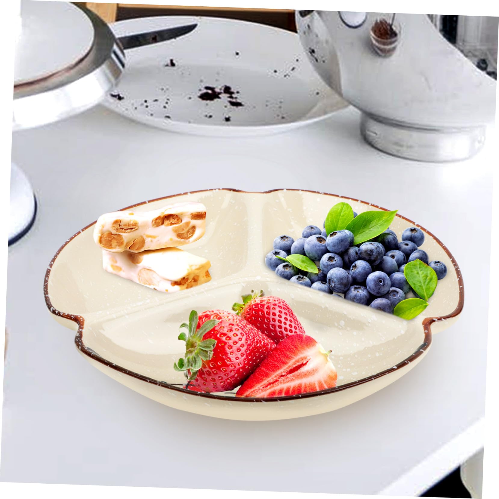 OUNONA Keramik Snackschale mit 3 Fächern Glatte Runde Kanten Design für Picknick und Zuhause 9-zoll Servierplatte aus Keramik