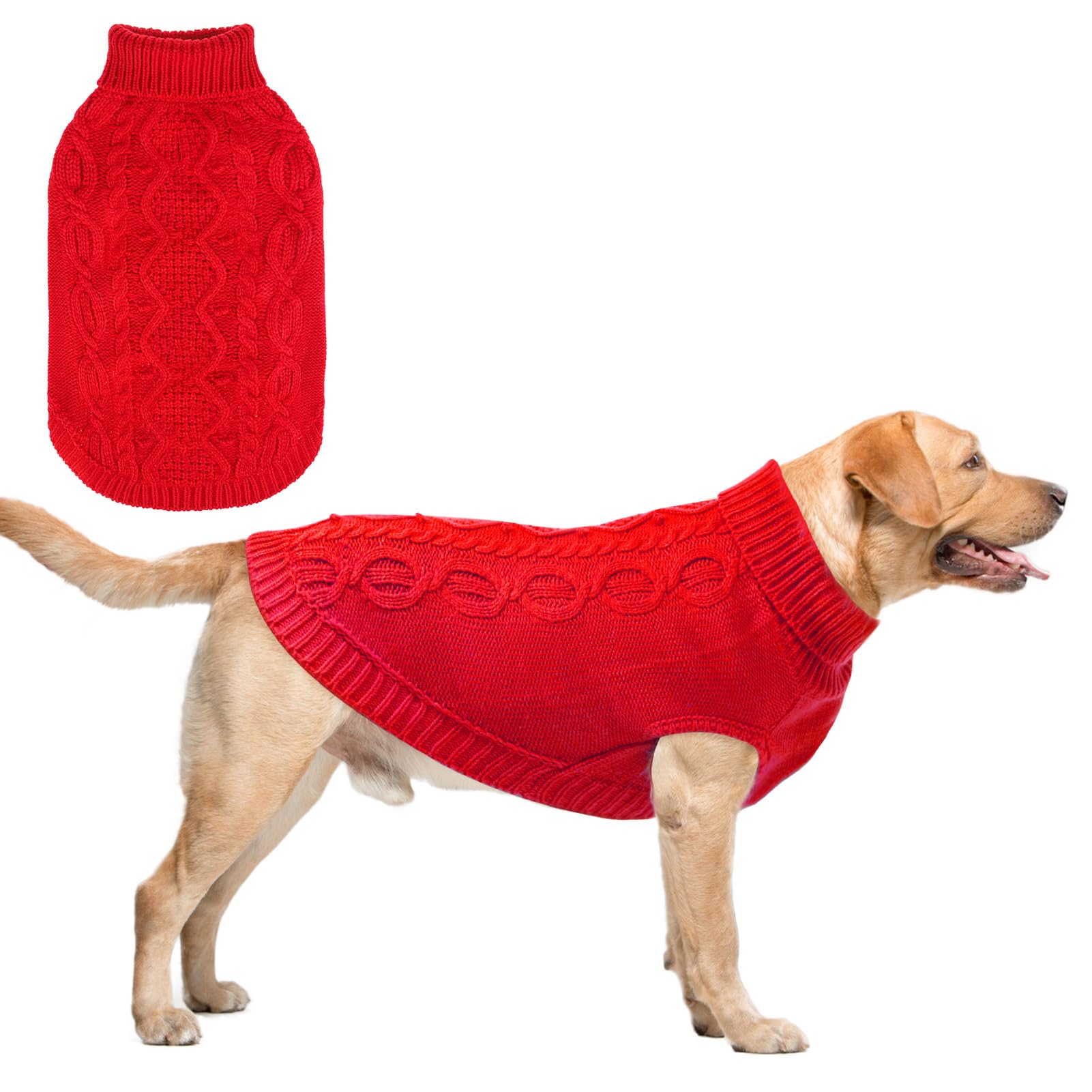 SCENEREAL Knitted Dog Sweater for Large Medium Small Dogs, Christmas Pet Clothes Warm Sweatershirts Outfits, Classic Dog Winter Coat with Leash Hole, Soft Pet Knitwear Apparel for Girls Boys, Red L