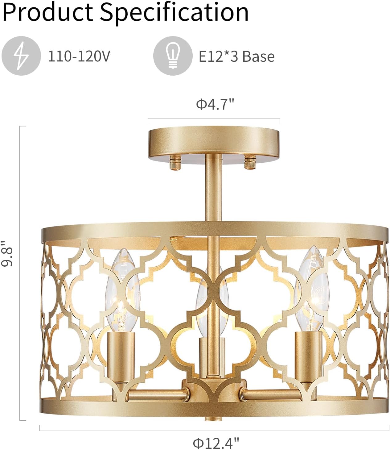 WUZUPS Chandelier 3-Light Vintage Farmhouse Semi-Flush Mount Ceiling Light Lighting Fixture for Foyer Bedroom Hallway Storage Room Kitchen Bathroom, H 9.8" x W 12.4", E12 Base, Gold