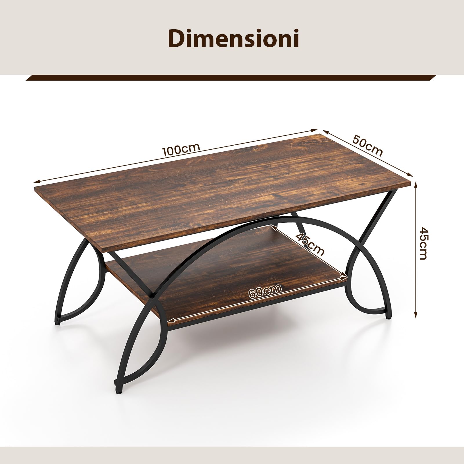 COSTWAY Tavolino da Caffè da Salotto, Tavolino Rettangolare a 2 Livelli con Struttura in Metallo, Tavolino Elegante e Moderno per Studio, Ufficio e Soggiorno, 100 x 50 x 45 cm (marrone e nero)