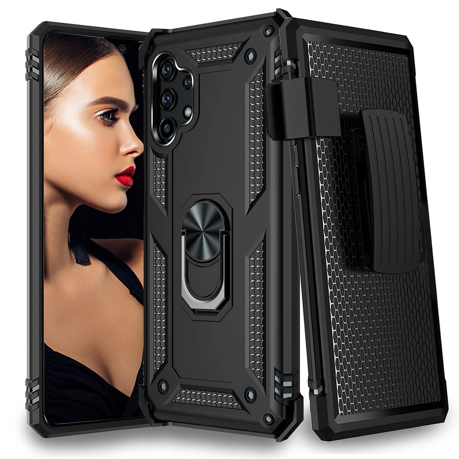 Case for Samsung Galaxy A32 5G with Belt Clip,Military Grade Drop Full-Body Protection Cover[Belt Clip Holster & Magnetic Ring Holder] 360 Degree Rotating Kickstand case for Galaxy A32 5G (Black)