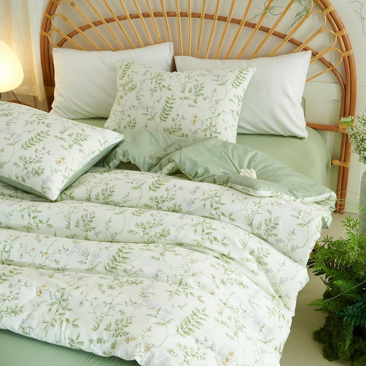 Botanical Duvet Cover Queen Sage Green Reversible Floral Bedding Set Farmhouse Leaf Bedding 3Pcs Modern Aesthetic Duvet Covers with Zipper Closure Ultra Soft Breathable