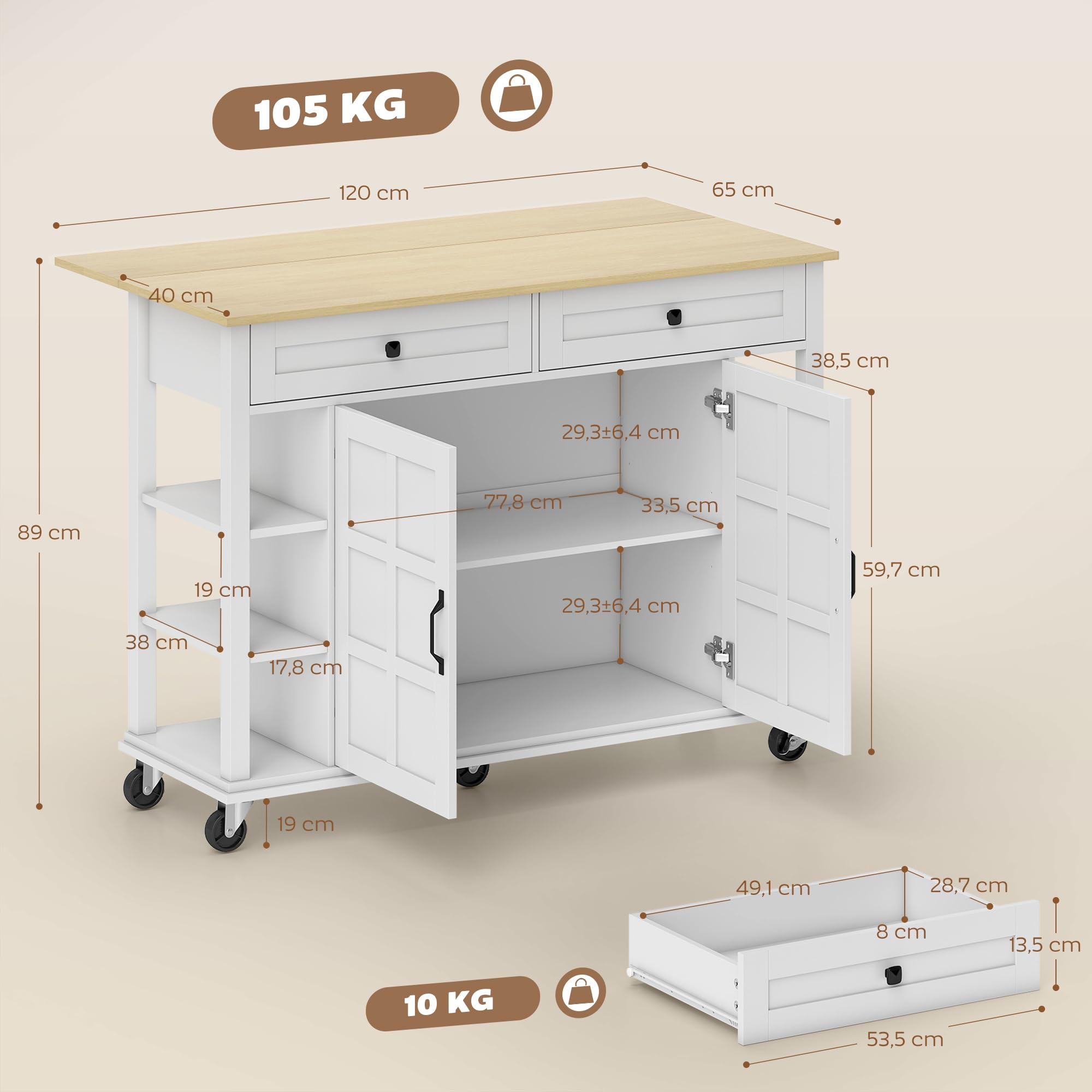 HOMCOM Isla de Cocina con Ruedas, Encimera Plegable, Carro de Cocina con 2 Puertas con Cierre Suave, 2 Cajones, 6 Estantes Abiertos, Blanco