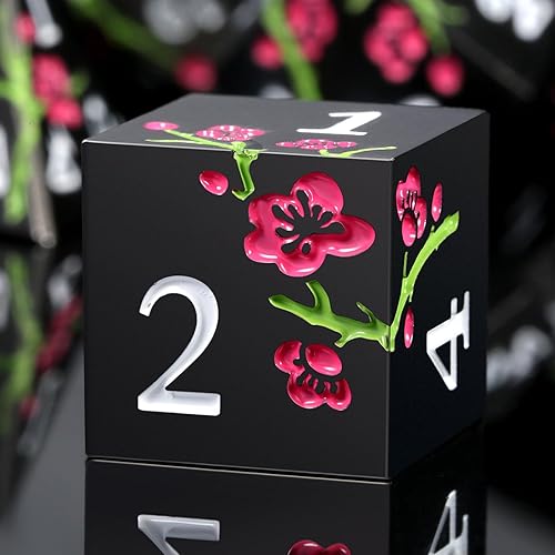Metal Dice Set D&D, DNDND 7 PCS Flower Metallic DND Dice Set with Grogeous Gift Case for Dungeons and Dragon Tabletop Game (Matte Black with Pink Flower) - Flower Black