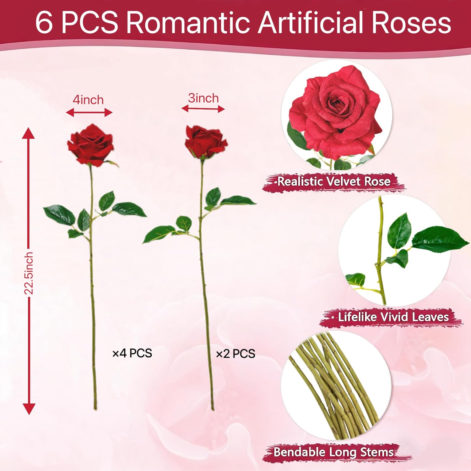 12/6PCS Real Touch Artificial White/Red Roses, Faux Silk Rose Long Stem Bouquet for Wedding, Centerpiece, for Mom, Romantic Artificial Flower Home Decor (6, Red)