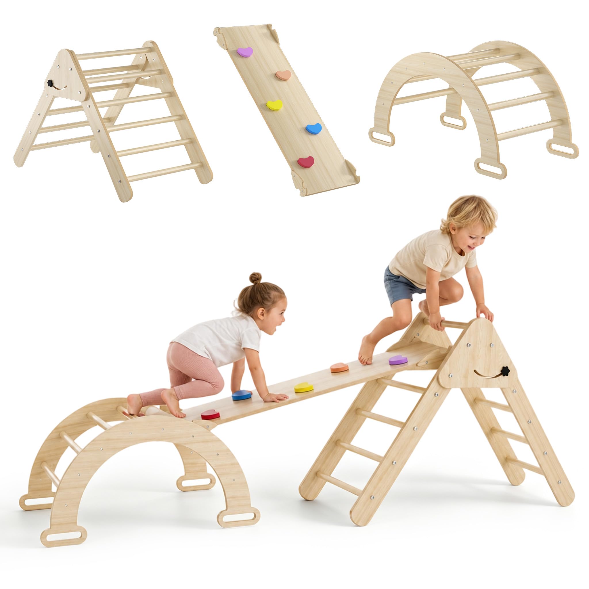 XMTECH Kletterdreieck mit Kletterbogen & Rutsche – 4 in 1 Holz Klettergerüst Indoor, Kletterspielzeug für Kleinkinder 1-3 Jahre, belastbar bis 40 kg, inkl. Kletterbrett & Motorik-Spielgerät