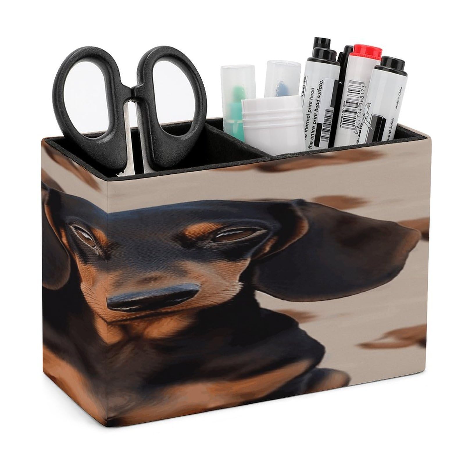 VstaDank Dachshund Dog Pen Holder Double Compartments Pen Cup Fashion Makeup Brush Holders Leather Pencil Holder for Work Locker Accessories Modern Pencil Cup for Desk Organizer
